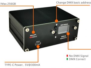 SUPERCAN DMX HDMI Video Player V3 — front panel with TFT screen and SD-card slot