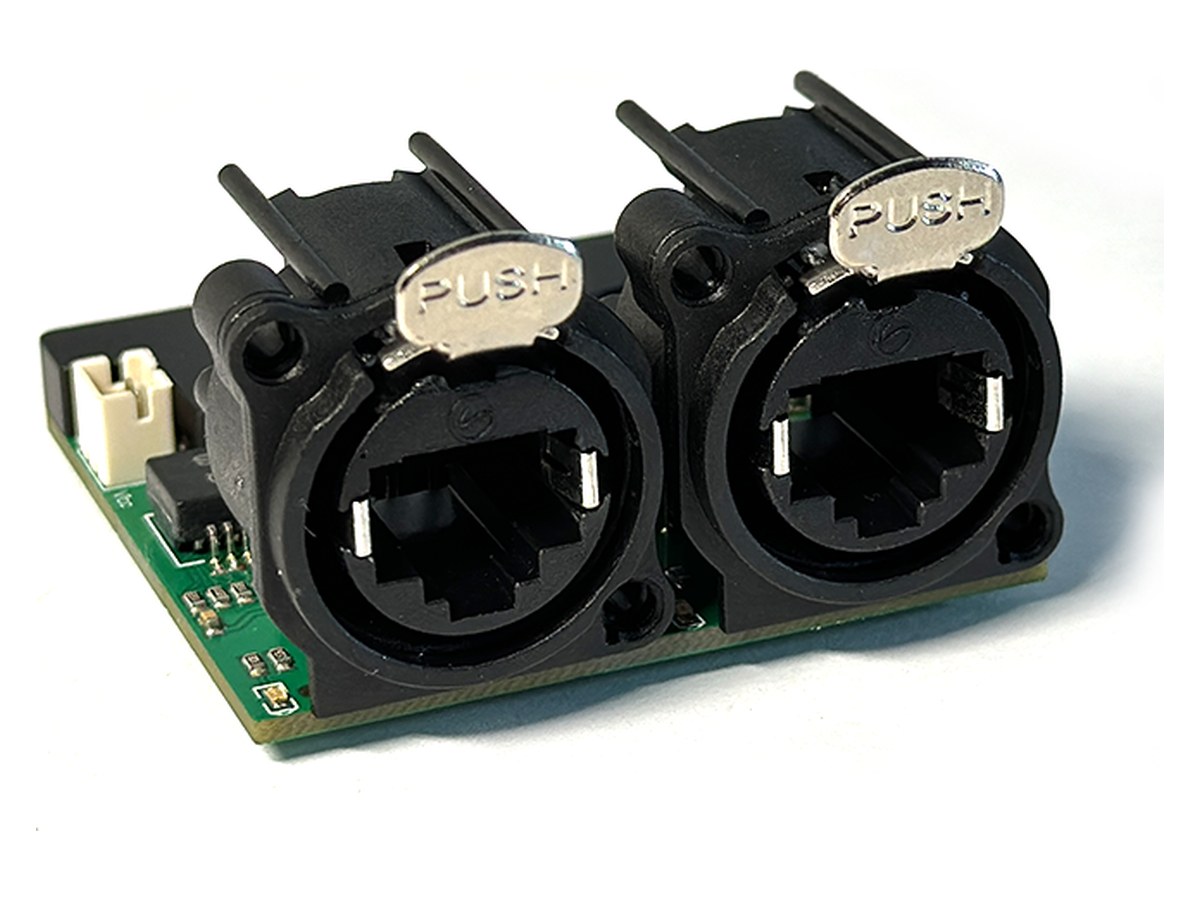 Gigabit switch module front view showing both push-latch locking network ports