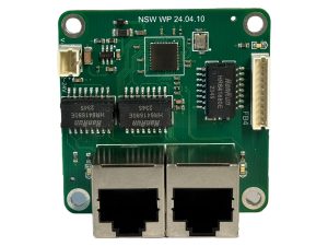 NSW WP 24.04.10 three-port FB4 network switch board, front view showing two RJ45 ports and FB4 header