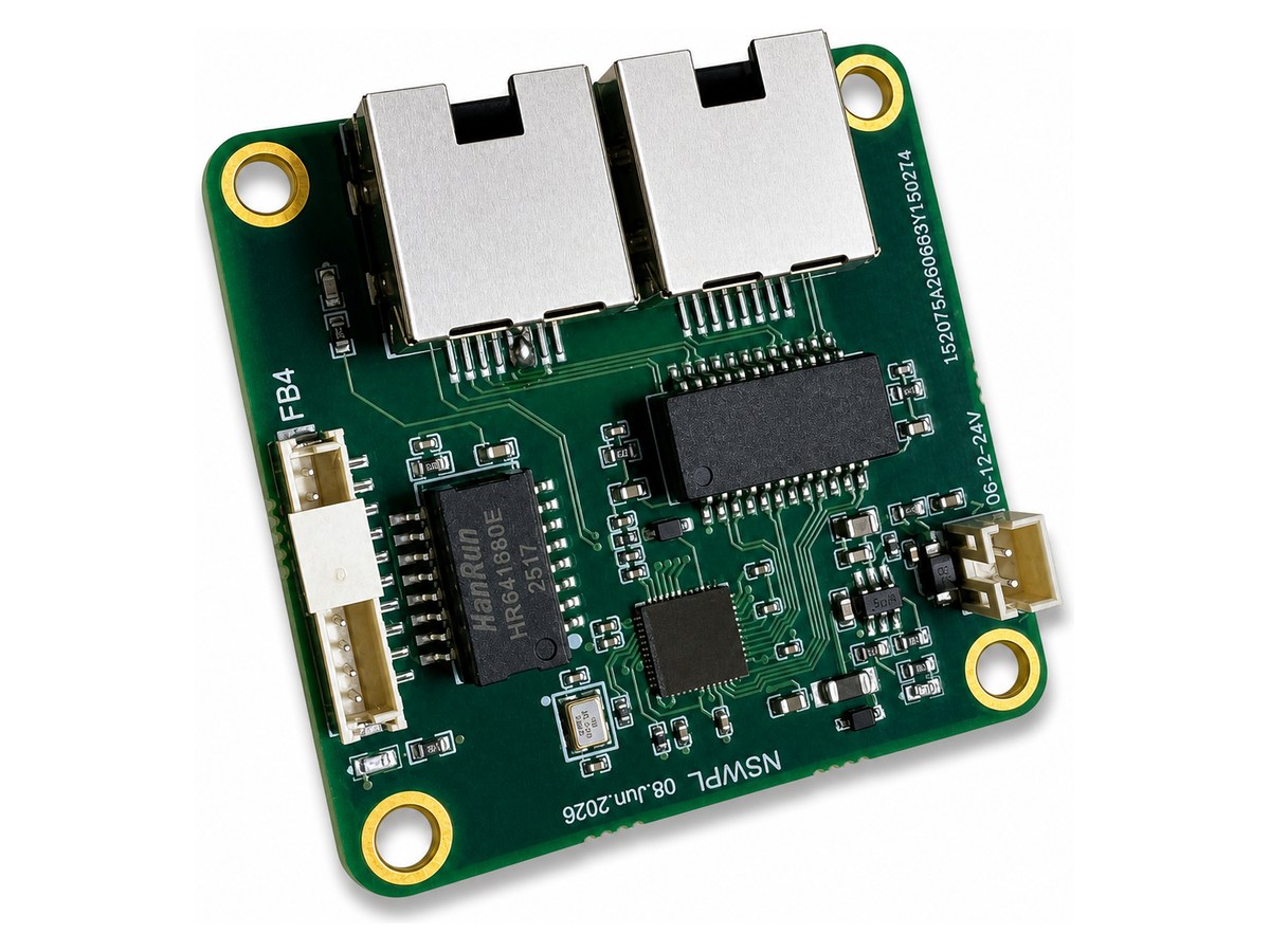 NSWPL board RJ45 side view showing both network ports and the FB4 ribbon header