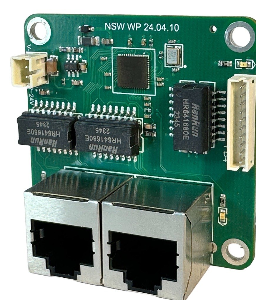 NSW WP network switch board with two standard RJ45 ports and an FB4 interface for outdoor laser fixtures