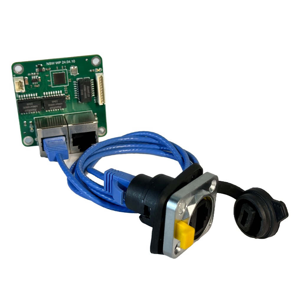 NSW WP board wired to an IP-rated waterproof panel-mount RJ45 connector with sealing cap