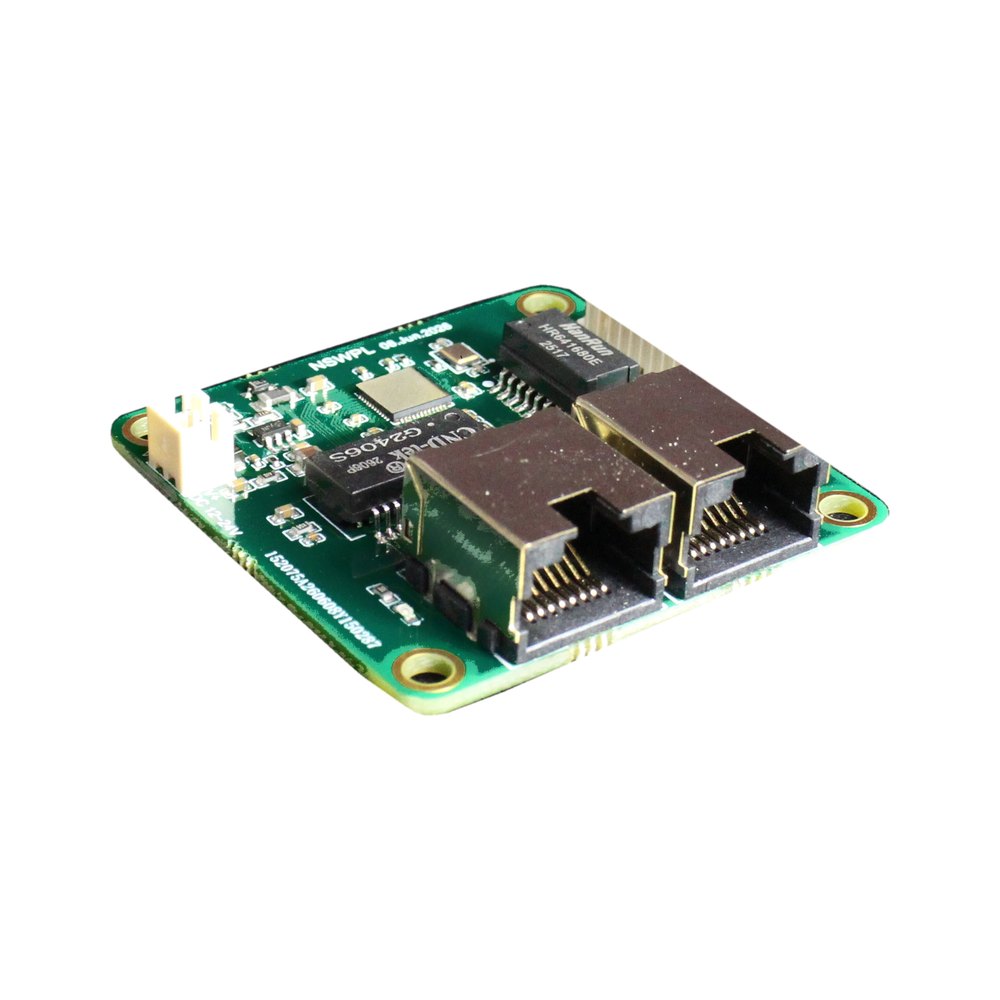 NSWPL laser network switch board with two shielded RJ45 ports, FB4 header and DC power input