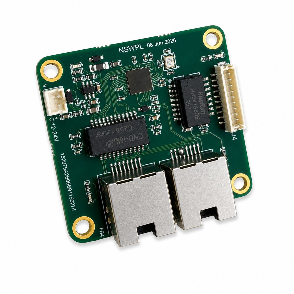 NSWPL network switch module top view showing FB4 header, DC input and two RJ45 ports