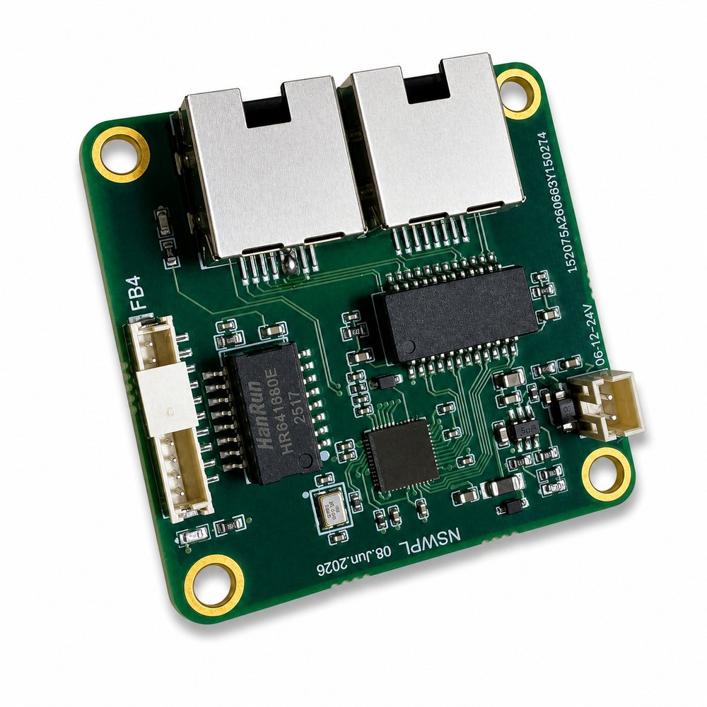 SUPERCAN NSWPL laser network switch module with two RJ45 ports and an FB4 header