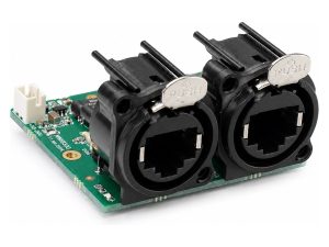 NWB300 network switch board, front view showing both locking panel-mount RJ45 connectors