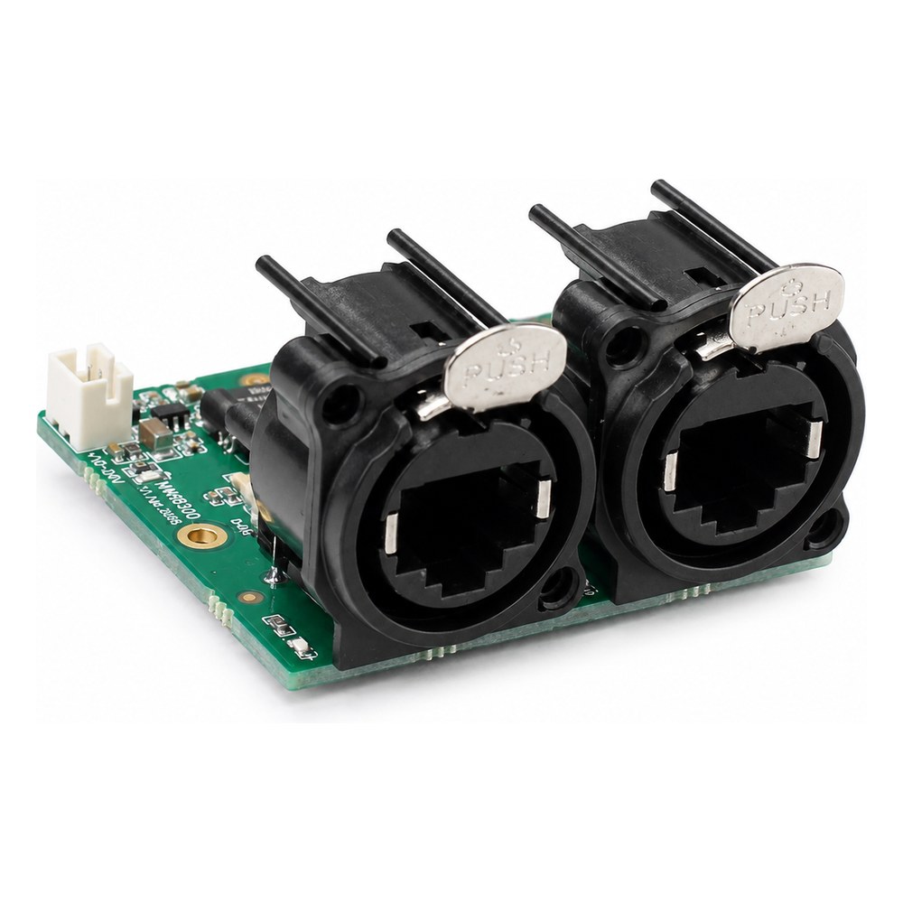 NWB300 network switch board with two locking panel-mount RJ45 connectors and FB4 header
