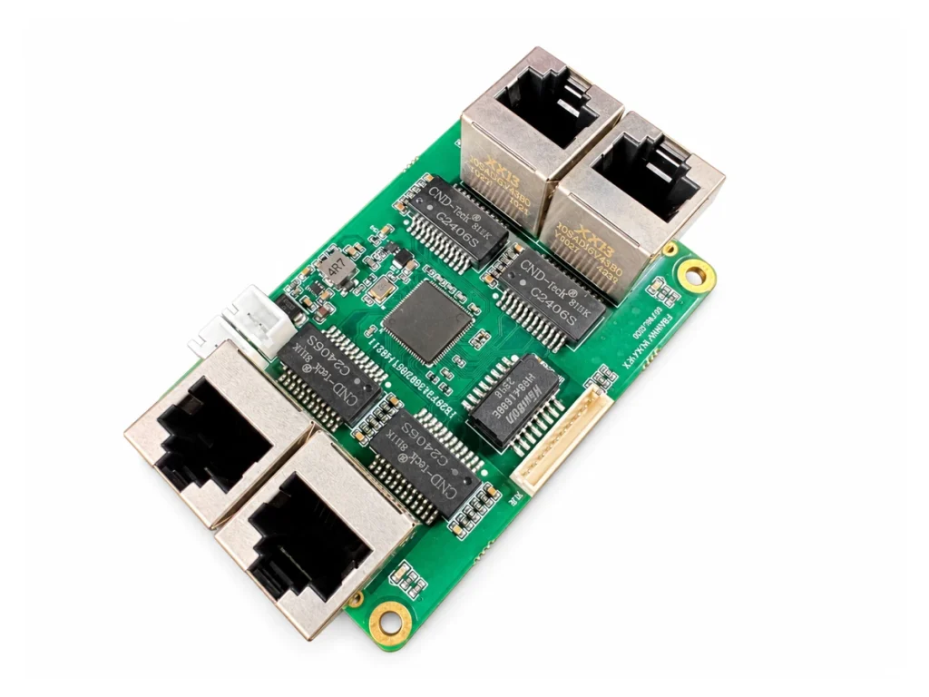 FB4NW Ethernet switch board with four RJ45 connectors and a direct FB4 header